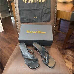 Black Braided Leather Mid-Heel Sandals